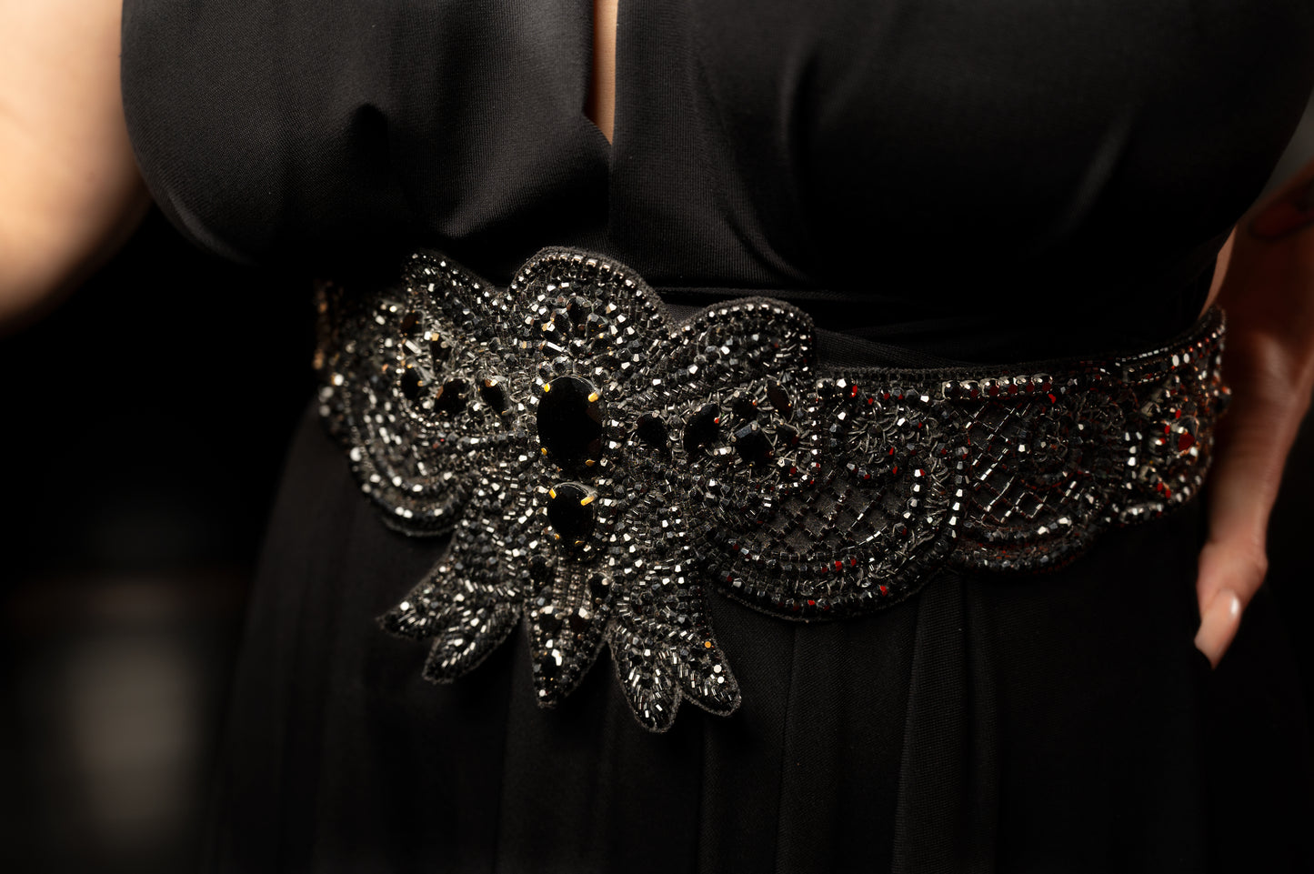 Black Dahlia Crystal Belt - Luxe Beaded Statement Piece