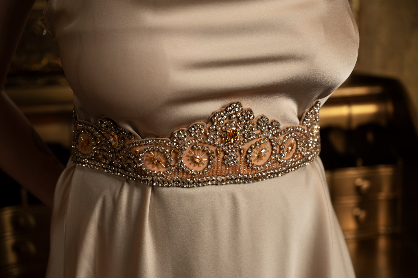 Champagne Lace Crystal Belt - Bridal Elegance Statement Piece