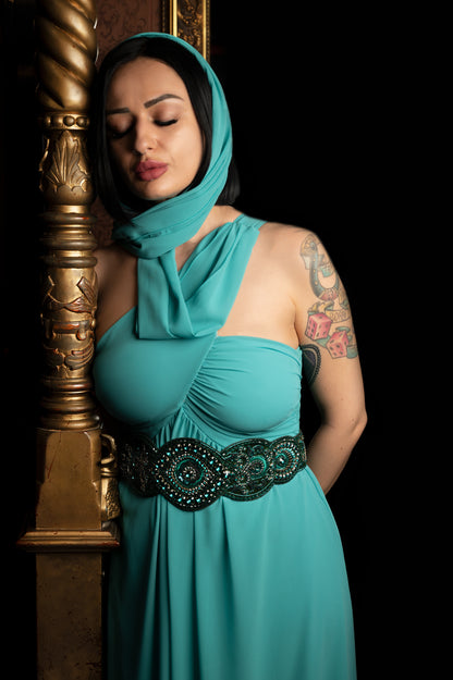 Midnight Teal Medallion Belt - Gothic Elegance Beaded Statement