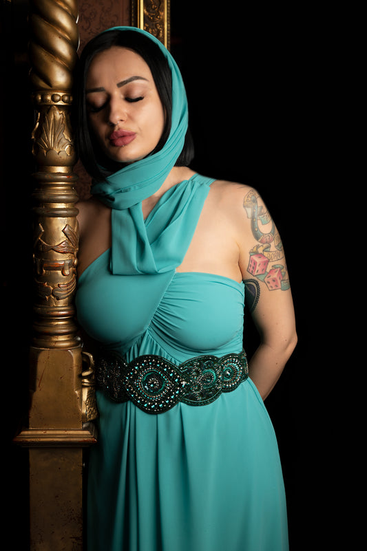Midnight Teal Medallion Belt - Gothic Elegance Beaded Statement