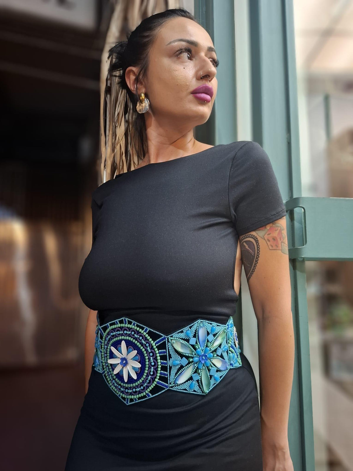 Eye-catching Handmade Embroidered Belt with Turquoise and Violet Beads
