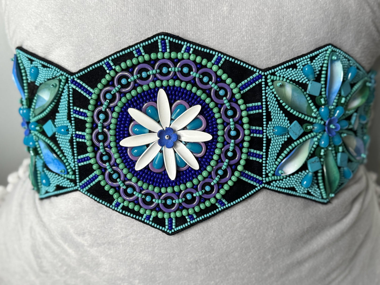 Eye-catching Handmade Embroidered Belt with Turquoise and Violet Beads