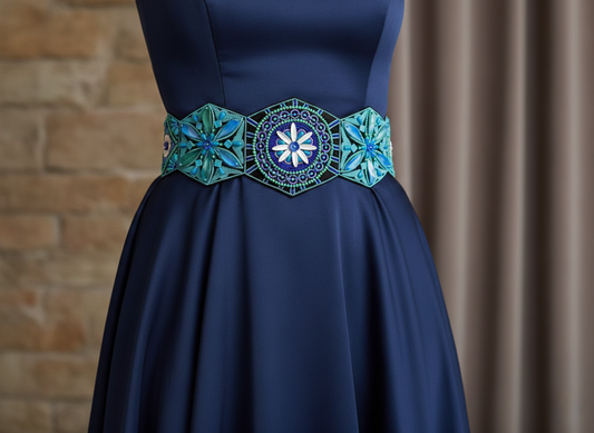 Eye-catching Handmade Embroidered Belt with Turquoise and Violet Beads